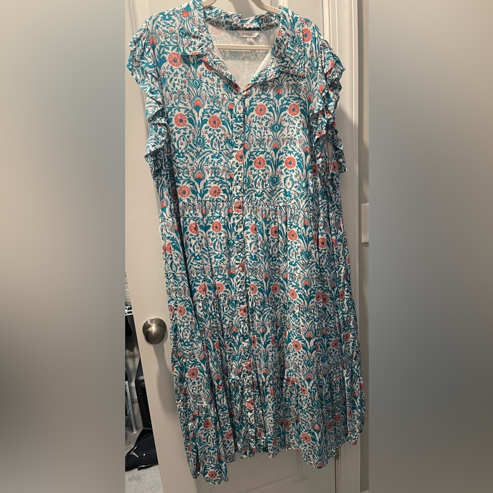 Floral Button-Front Maxi Dress in Teal & Coral
